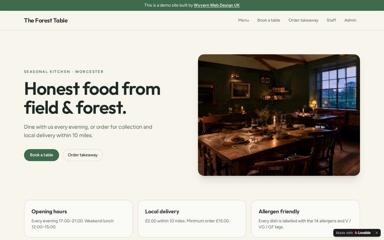 Screenshot of the The Forest Table demo restaurant